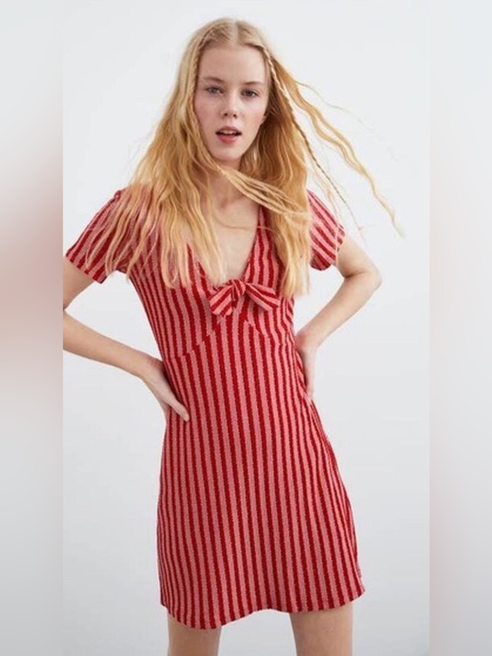 Zara Red Striped Knit Tie-Front Women's Short Sleeve Dress in Size L